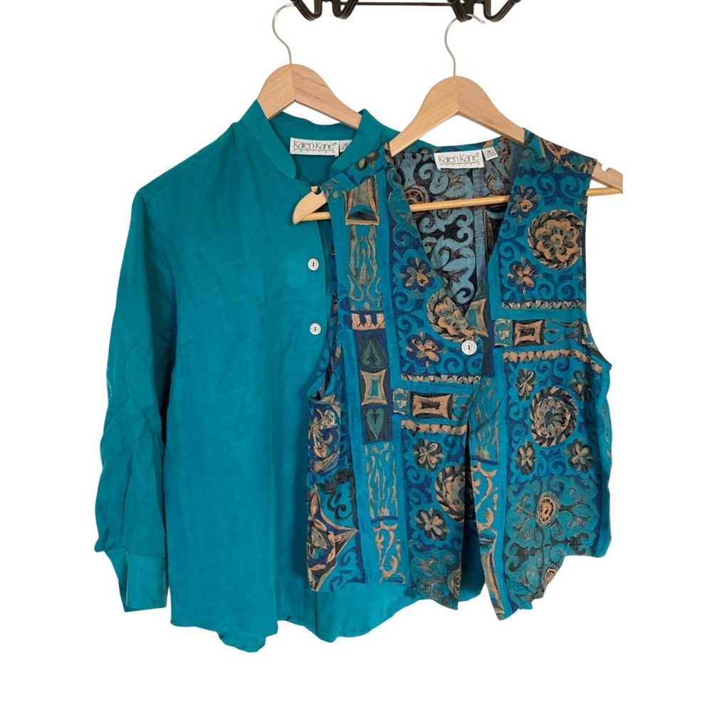 Vtg Karen Kane 80s Teal Button-Up Blouse & Teal Gold Patterned Vest Size 10P